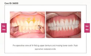 patient’s smile before and after snap on dentures, lower teeth restored after treatment